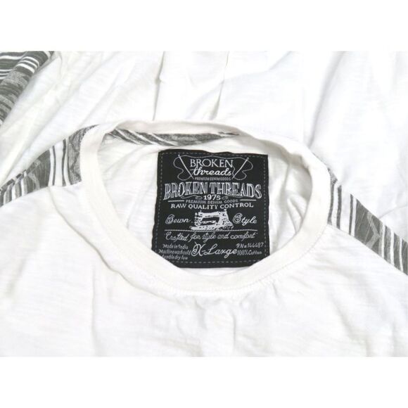 Broken Threads White Baseball Tee Long Sleeve T Shirt Gray Stripe Sleeves Men XL - Picture 3 of 3